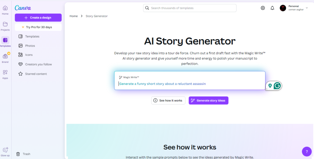 Canva's story generator