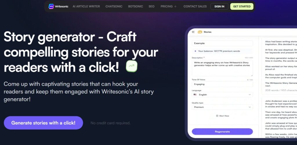 Writesonic is a perfect AI story generator